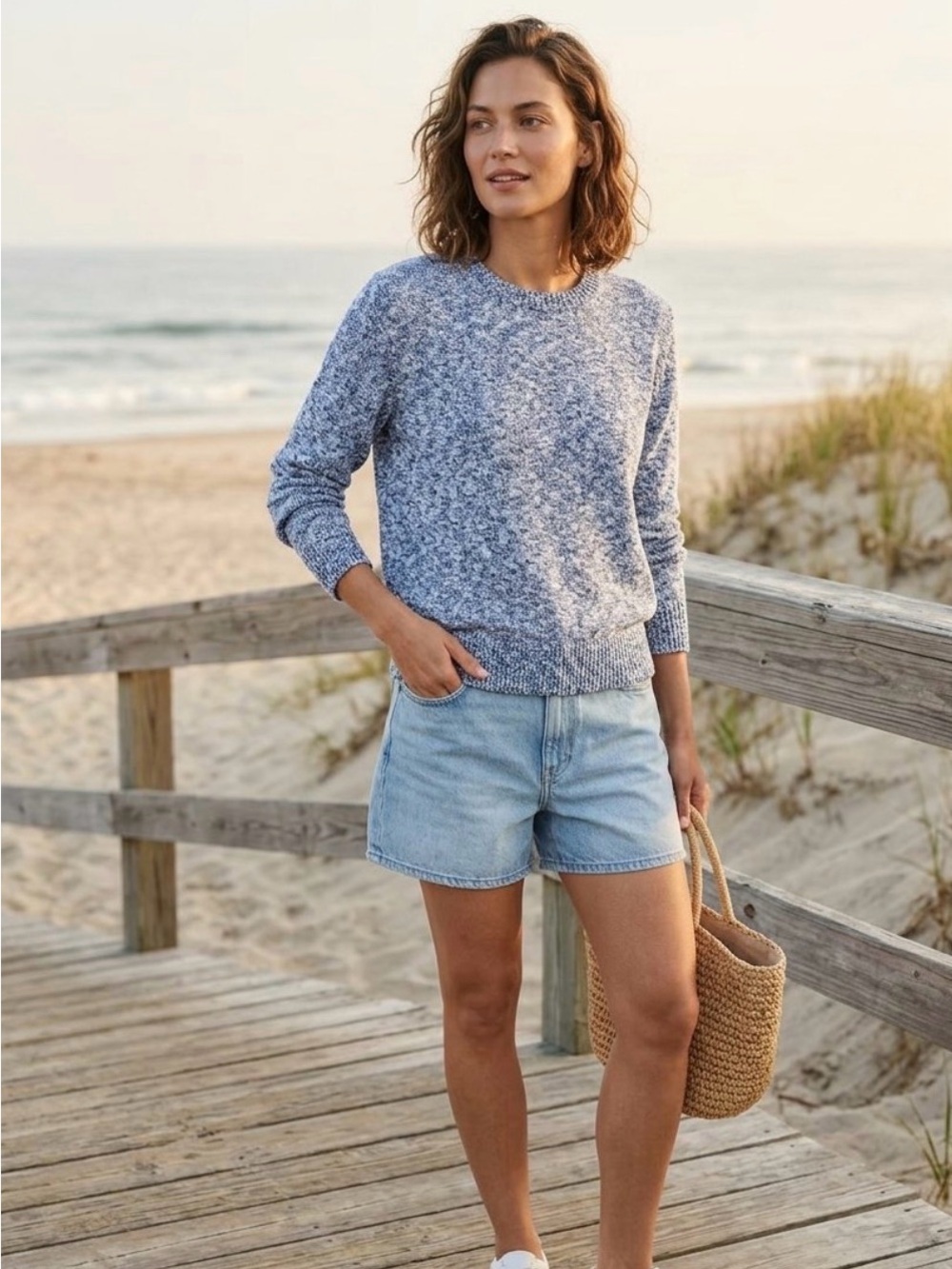 J. Crew navy/white marled crewneck Beach Sweater. Size M.